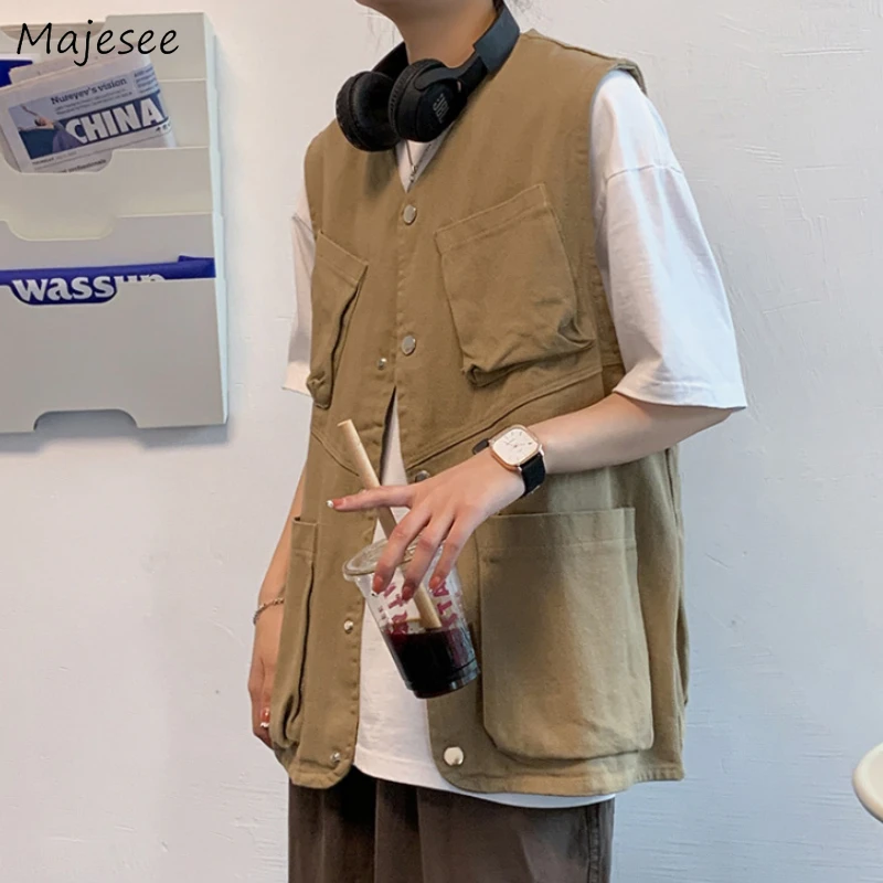 

Жилет мужской Универсальный свободного покроя, модная однотонная дизайнерская простая верхняя одежда с карманами для колледжа в стиле Харадзюку, Повседневная Ретро одежда для отдыха в стиле ольччан