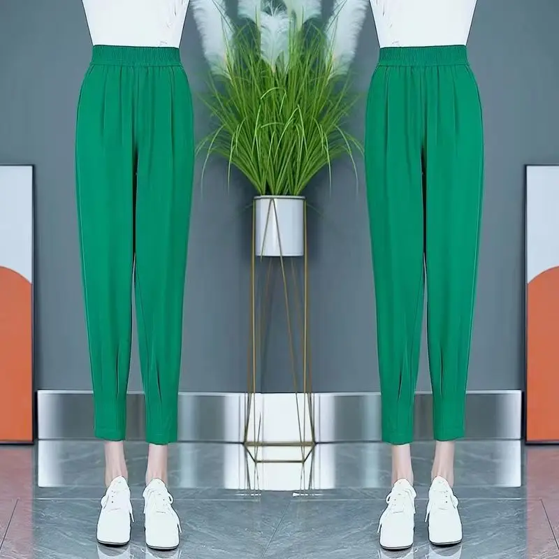 Summer New Fashion Casual Versatile Solid Harlan Pants Women's Elastic High Waist Pocket Button Simple Wide Leg Cropped Trousers