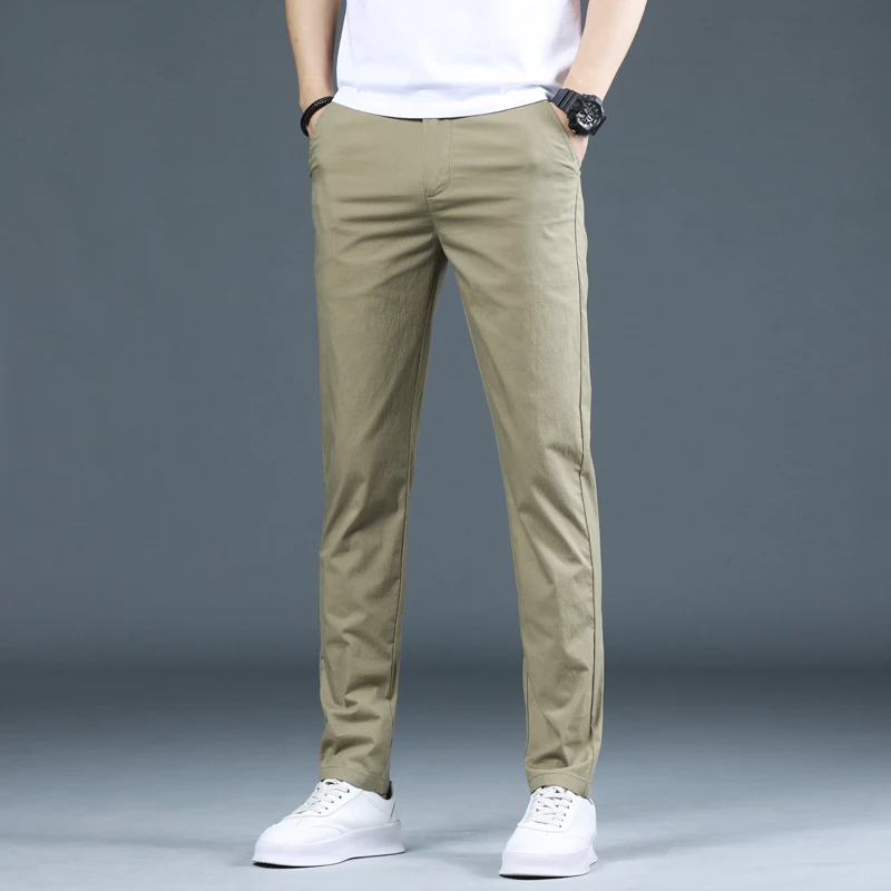 Pantalones chinos clásicos elásticos para hombre, pantalón de algodón color caqui, vestido elástico, coreano, 2022| | - AliExpress