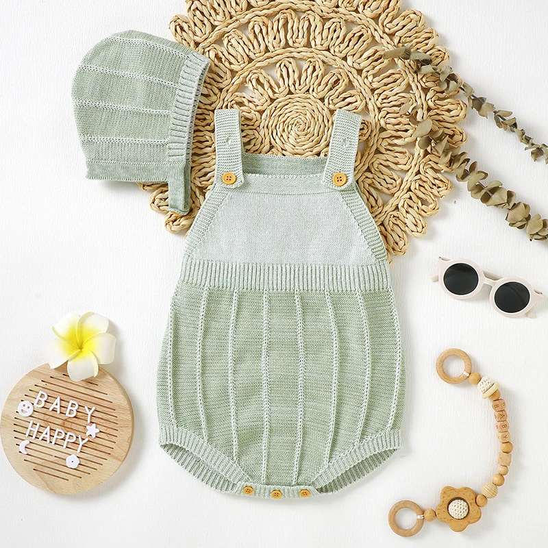 

Baby Bodysuit Cotton Knit Infant Kid Clothing Hat Solid Overalls 0-18M Pullover Newborn Girl Boy Jumpsuit Outfits Sleeveless Top