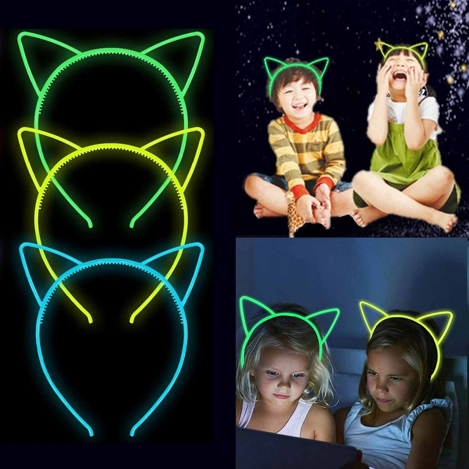 1PC Glow In Dark Cat Ear Elastic Headband Colorful Luminous Cat Ear Hair Band With Teeth Girls Children Party Hair Accessories fried hair toothless doll key chain creative soft pp cotton bag pendant plush missing teeth doll children s gifts