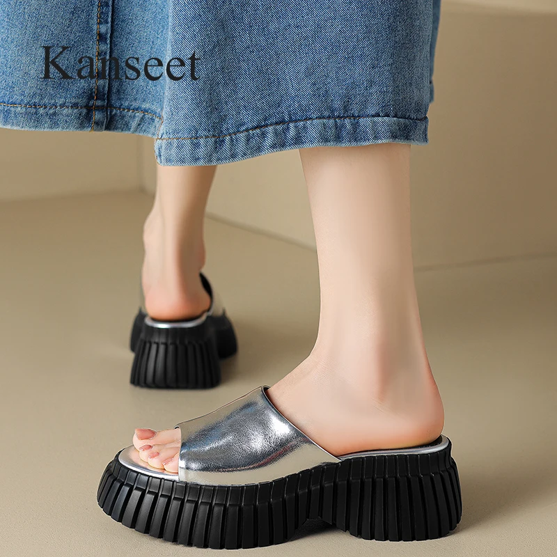 

Kanseet Women Shoes 2023 Summer Genuine Leather Platform Slipper Silver Handmade Chunky High Heels Open-Toed Slippers For Ladies