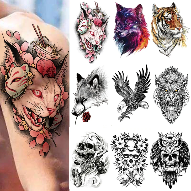 

25Pcs Fashion Skull Man Temporary Transfer Tattoo Black Sticker Cool Wolf Tiger Eagle Lion Arm Body Art Large Fake Women Sleeve