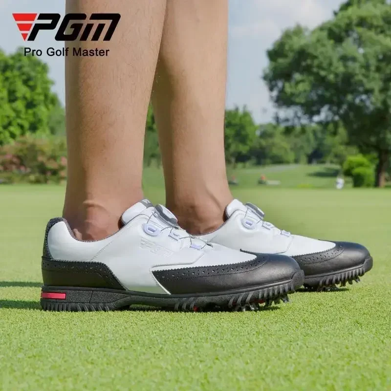 PGM Men Golf Shoes with Removable Spikes Skid-proof Men's Waterproof Sneakers Knob Strap Sports Shoes Top Layer Cowhide XZ240