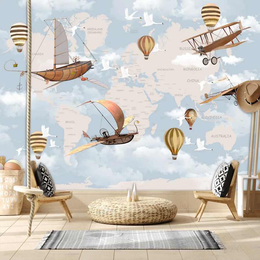 Custom Self Adhesive Accept Wallpapers for Living Room Cartoon World Map Plane TV Wall Panel Papers Home Decor Murals Rrinting