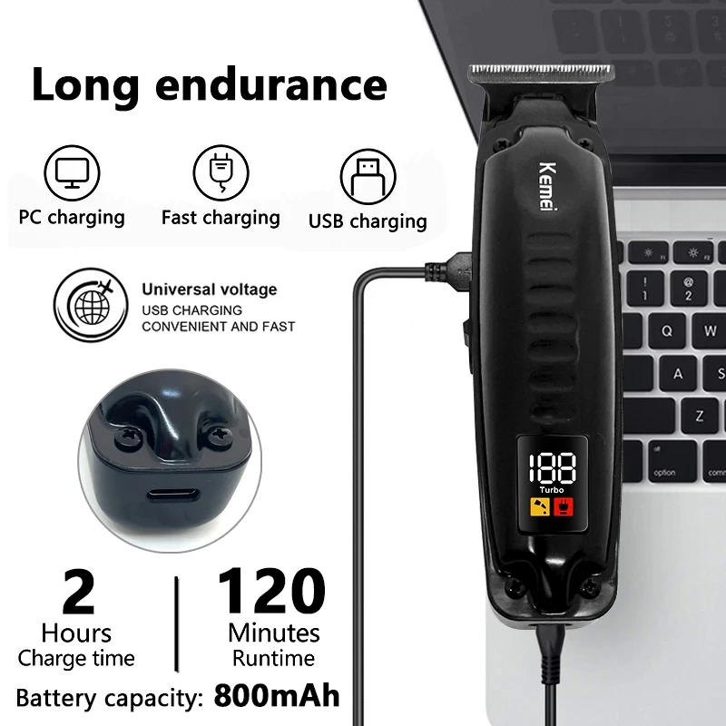 Kemei KM-1578 남성용 충전식 헤어 클리퍼, 전문 LCD 디지털 디스플레이, USB 충전 헤어 커팅 머신