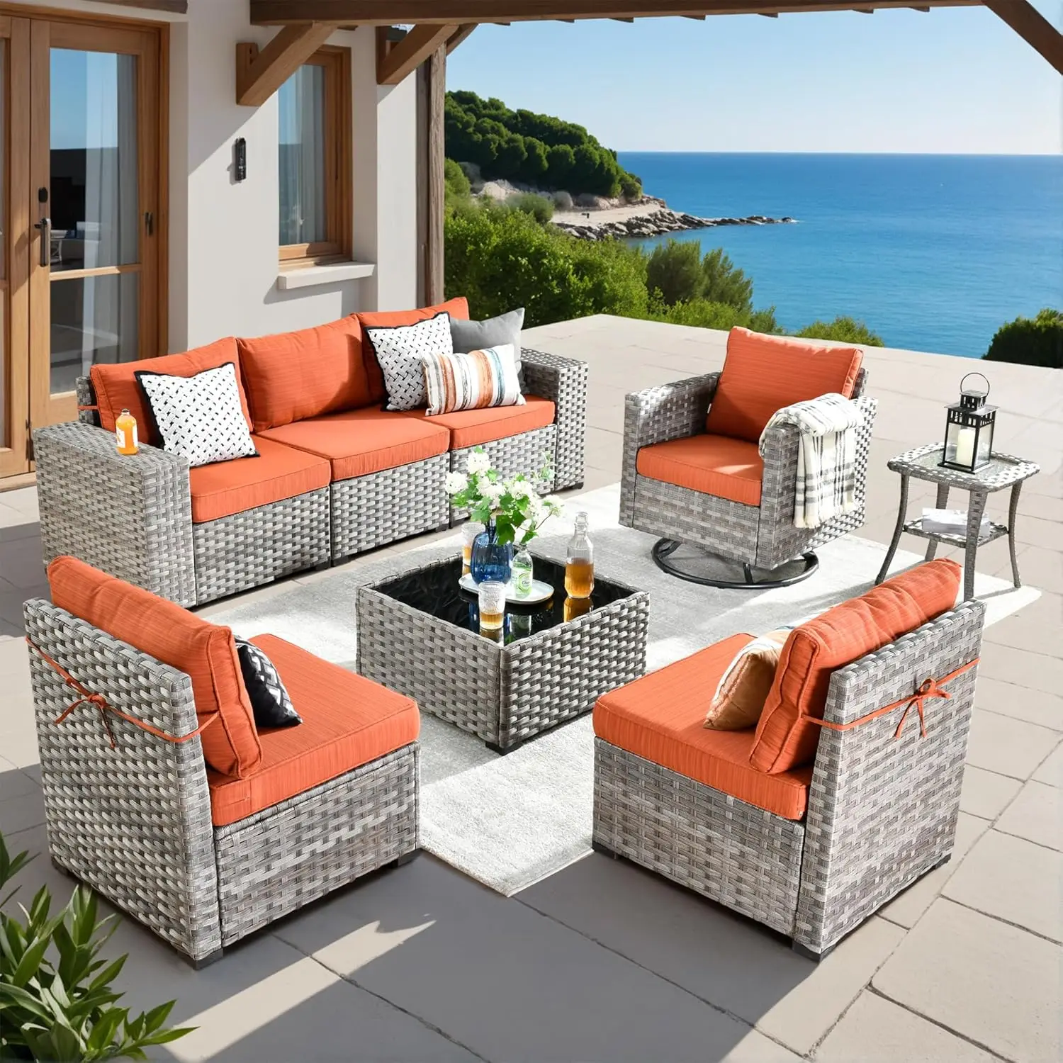 9 Pieces Patio Furniture Set, Outdoor Wicker Sectional Sofa with 42 Fire Pit Table Swivel Chair, Modern Modular Deep Seat