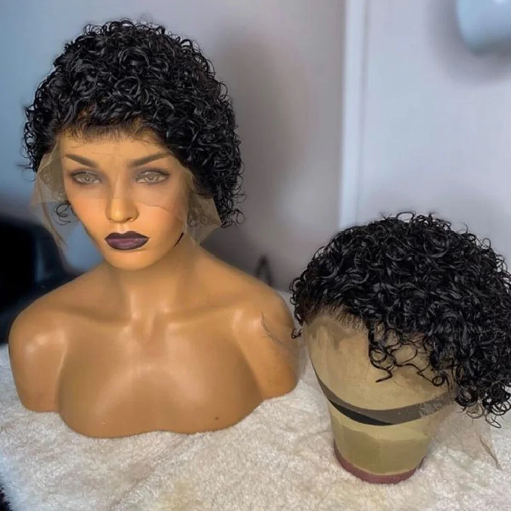 6inch Pixie Cut Short Curly 13x1 Transparent Lace Front Wigs Brazilian Human Hair Pre Plucked Hairline Curly Wig For Black Women