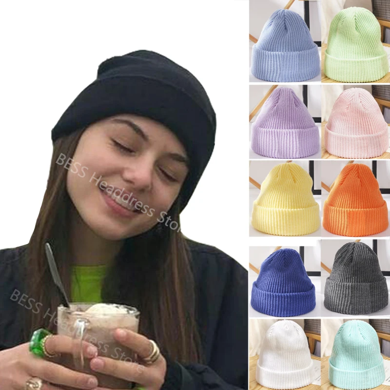 Women Men Knitted Cap Autumn Winter Elastic Skullies Beanies Fluorescent Cuffed Beanie Hat Female Caps Warmer Bonnet Casual Caps 1