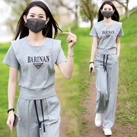Ensemble deux pièces décontracté pour femme, col rond, manches courtes, pantalon droit, polyvalent, rajeunissant, sport, été, nouveau, 2024 3