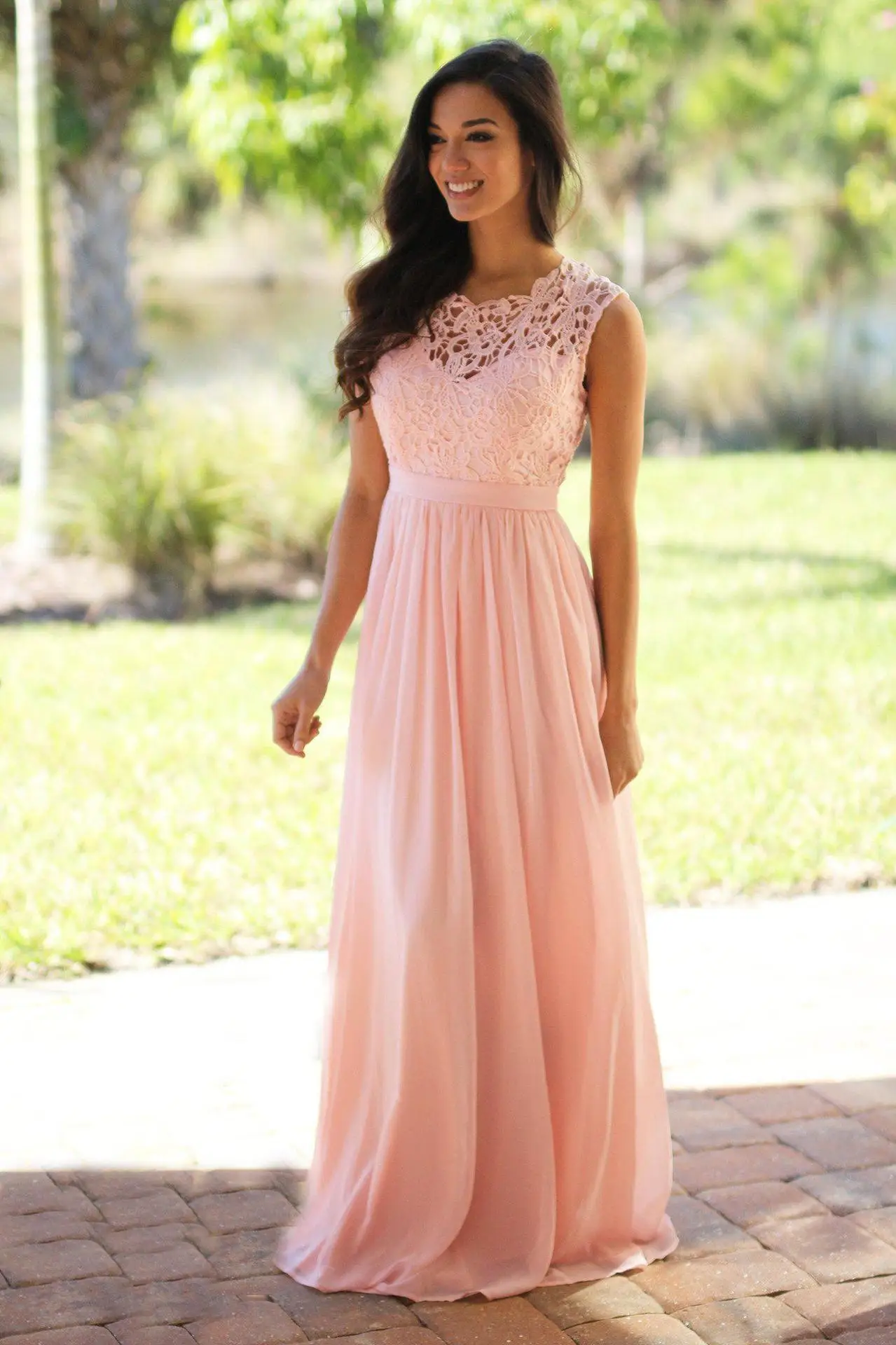 Classic Women Pink Bridesmaid Dresses Elegant Lace Chiffon A Line Illusion Back Maxi Formal Wedding Gust Gowns Formal Evening - 3