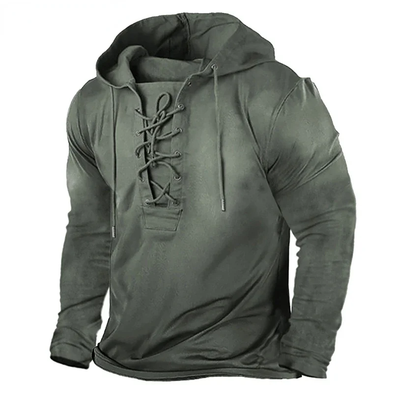 Men's Summer Tactical Long Sleeve T-Shirt Outdoor Retro Lace Up Hooded Cool Tops Plus Size Printed Hiking Fishing Hoodie Men
