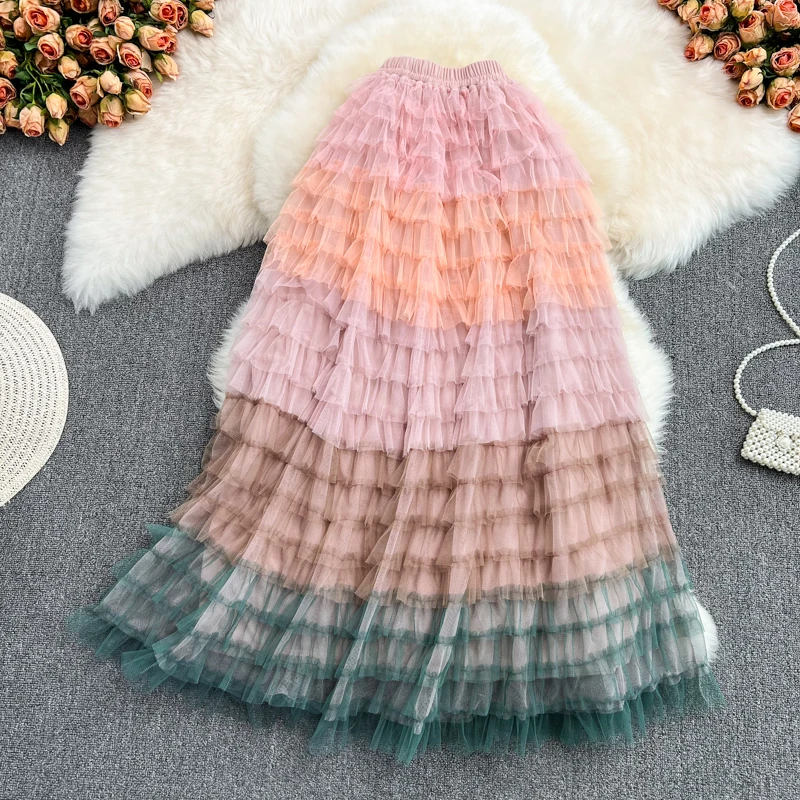 2022 Summer New Fairy Skirt Elastic Waist Rainbow Gradient Mesh Skirt High Waist Fluffy Cake Skirt Mid-length Skirt Trendy tartan skirt