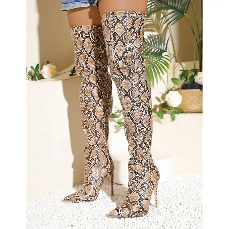 Kcenid New Women Snake Pattern Over The Knee Boots PU Leather Lady Fashion Shoes Super Stiletto High Heel Nightclub Boots Zipper
