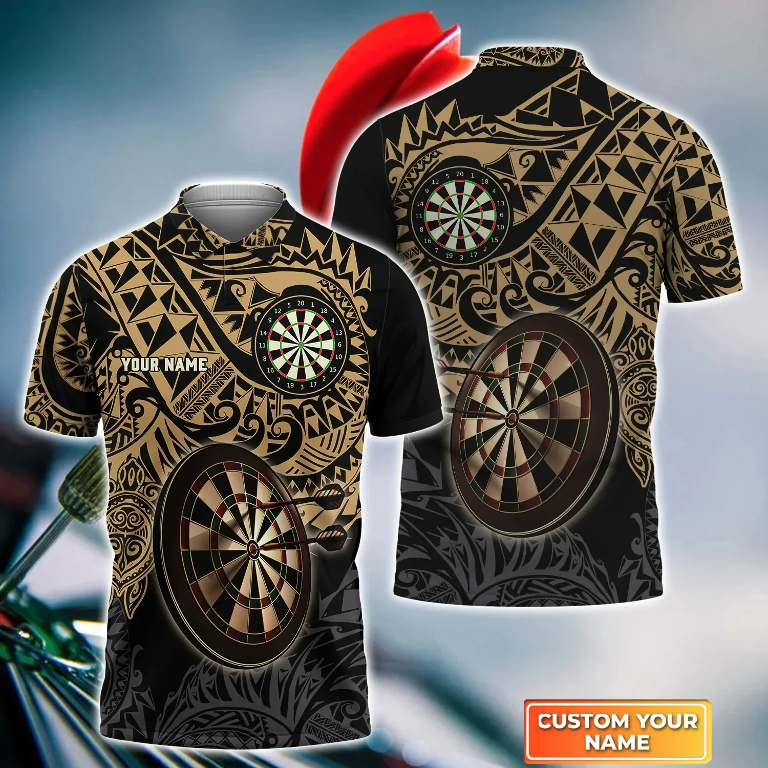 Brown Tattoo Darts personalisierter Name 3D-gedrucktes Sommer-Poloshirt Unisex Kurzarmhemden Geschenk für Dartspieler POL-45 – Detail 12
