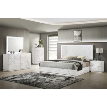 Queen 5-Piece Bedroom Set – Modern Design with Lacquer Finish, Geometric Accents, and LED Lighting 1