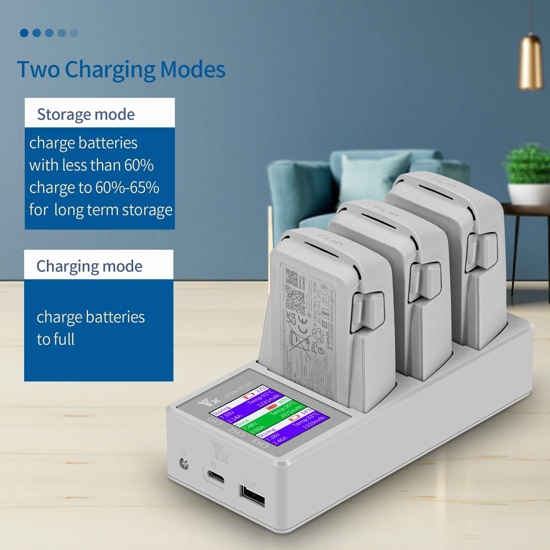 Chargeur rapide avec écran couleur montrant les informations de charge des batteries DJI FLIP