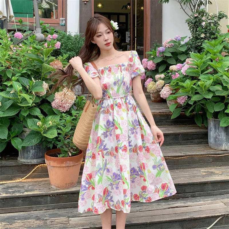 

Plus Size Maternity Summer Clothes Fashion Printed Puff Sleeve Square Collar High Waist Pregnant Woman Chiffon Dress Beach Dress