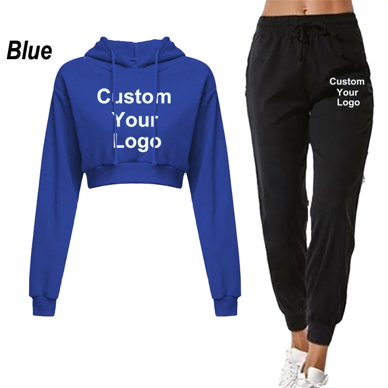 New Women 2 Piece Customize Your Logo Sweatsuit Outfits Crop Hoodies and Jogger Pants Tracksuit Casual Jogger Sets 3
