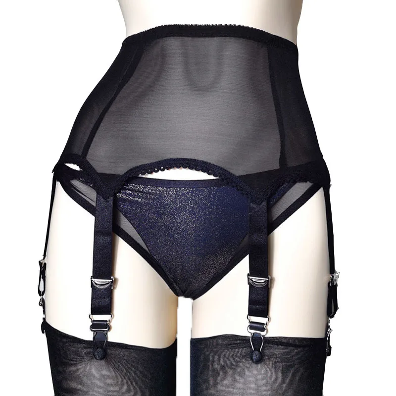 Elegant Black Mesh Garter Belt with Six Straps and Metal Clips