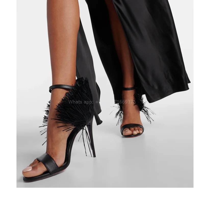 

Fringe Leather Design Open Toe Buckle Sandals Women Dress Fashion Stiletto High Heel Sandals Luxury Lady Party Shoes 2024