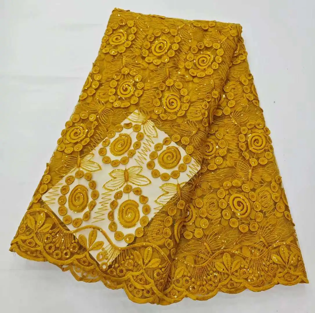 

Gold High Quality African Cord Tulle Lace Nigerian Silk Milk Mesh Lace Ribbon Suitable For Party Dress