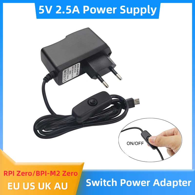 

5V 2.5A Power Supply with ON OFF Switch Micro USB Interface Power Adapter Charger for Raspberry Pi Zero 2 W Banana Pi M2 Zero