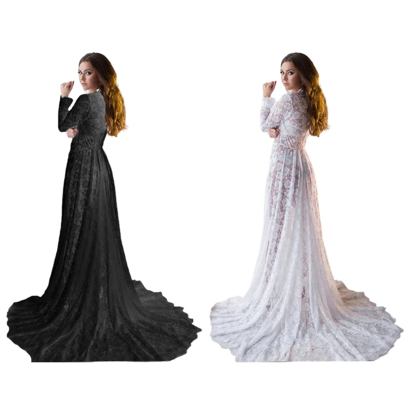 Elegantes Umstandskleid aus Spitze mit tiefem V-Ausschnitt und langer Schleppe, aus dehnbarem Spitzenstoff, passend für und A2UB – Detail 1