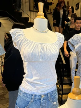 Gray Puff Sleeve Slim T-shirt Women Folds Scoop Neck Cotton Short Sleeve Simple T-shirts Summer New Sweet Casual Chic Tops Tees 1