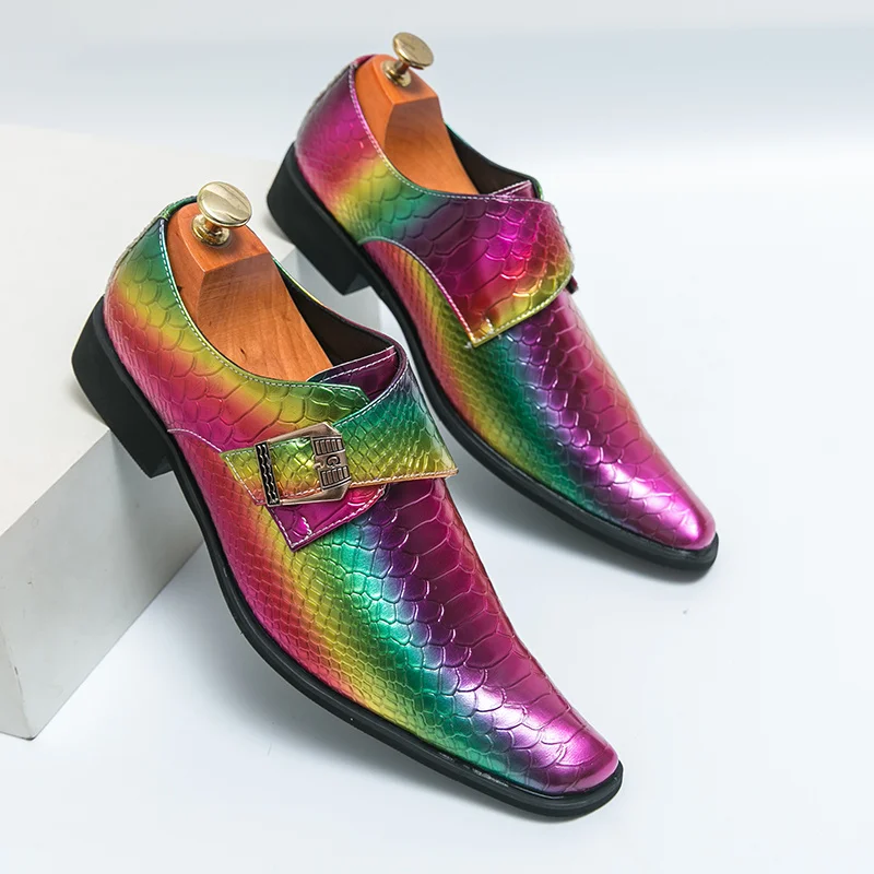 

Trendy Colorful Men Crocodile Leather Shoes Buckle Strap Designer Shoes Men Party Shoes Square Toe Luxury Men's Social Shoes