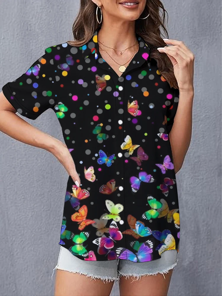 

Women's short-sleeved lapel shirt summer colorful butterfly 3D digital print shirt street popular women's short-sleeved tops