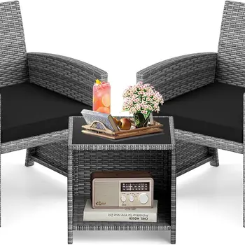 3-Piece Outdoor Wicker Bistro Set with Cushions, Black Rattan Patio Furniture for Porch, Backyard, Balcony 1