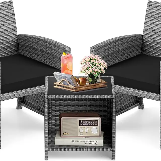 3-Piece Outdoor Wicker Bistro Set with Cushions, Black Rattan Patio Furniture for Porch, Backyard, Balcony 1