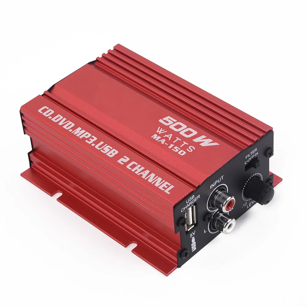 1set Car 12V 500W 2 Channels Mini Hi-Fi Stereo Audio Amp Subwoofer Aluminum Alloy Red L/R Speaker Power LED Indicator
