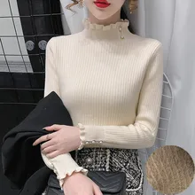 

2022 Plus velvet thickening one velvet sweater women's autumn wood ears warm knitting inner half high neck bottoming shirt
