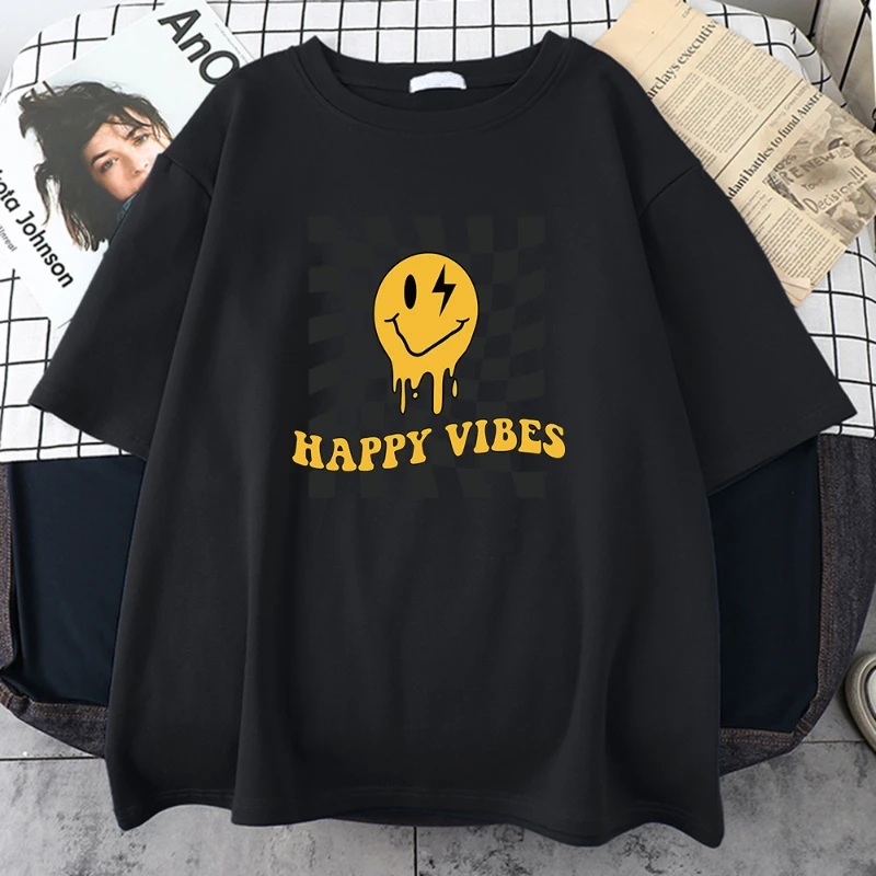 Happy Yellow Ghost Face Pattern 여성용 티셔츠, 스트리트 여름 오버사이즈 상의, 코튼 플러스 사이즈 티, 통기성 캐주얼 티셔츠