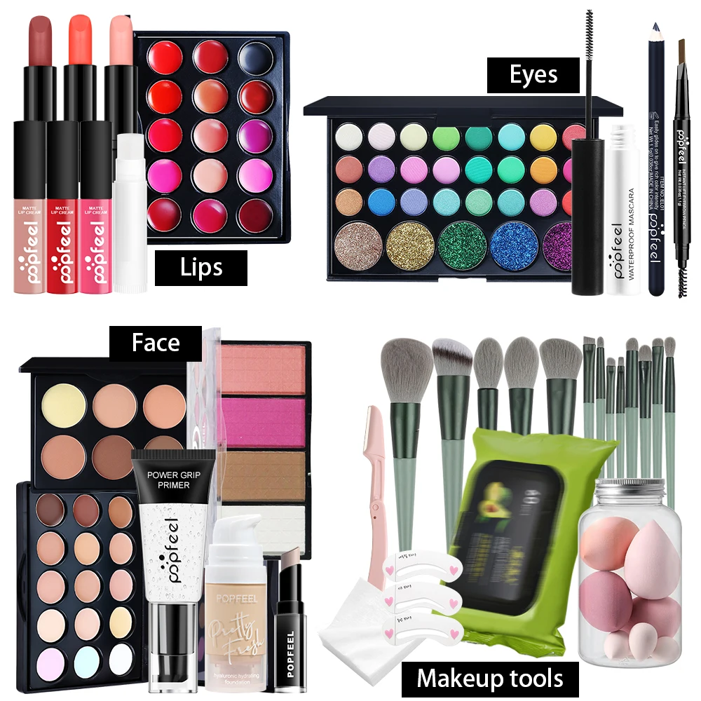 POPFEEL Favorites Surprise Makeup Kit Makeup Gift Set for Women, Lipgloss Eyeshadow Foundation Lipstick Blush Primer 4