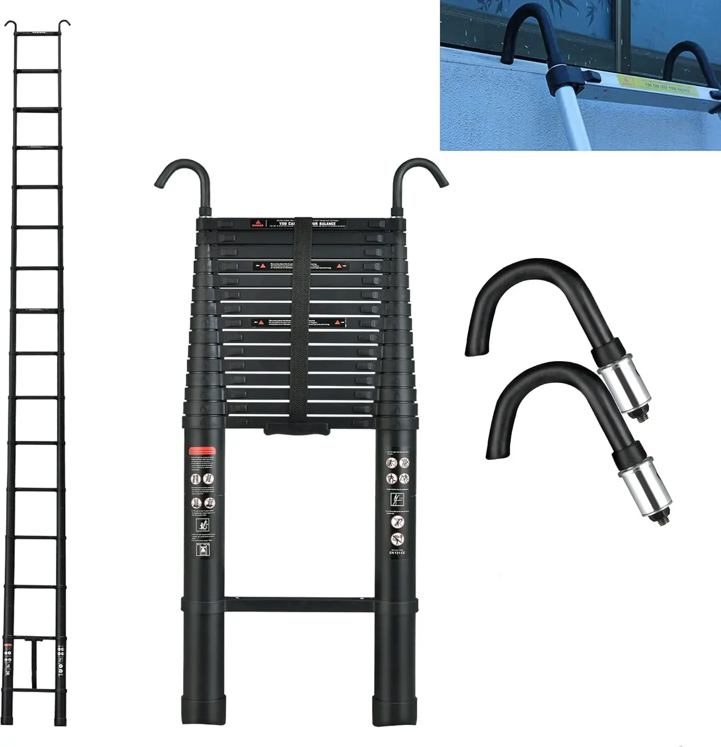6.2M/20.3FT Heavy Duty Telescopic Ladders With Hooks 14 Steps Aluminum Extending for Multi-Purpose Indoor Outdoor Roof Work