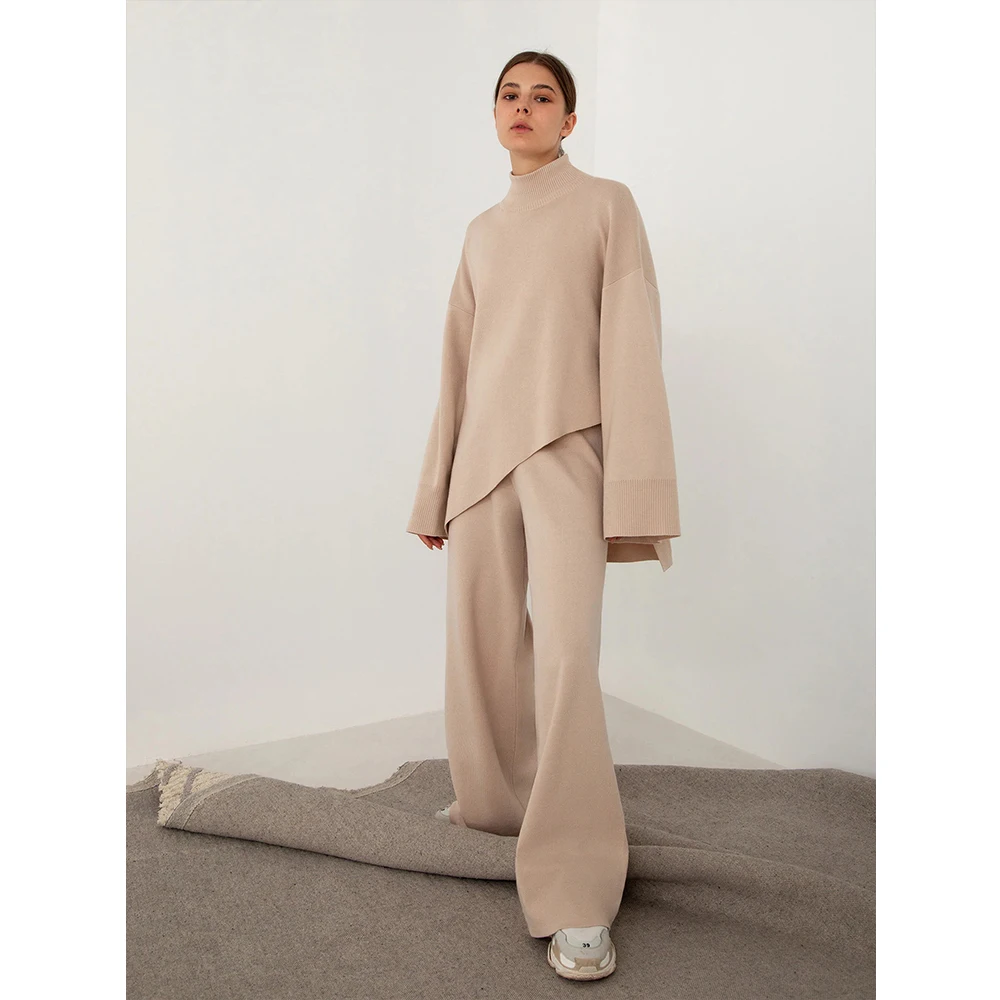 

Half High Neck Sweater Set Europe and America 2023 ins Irregular Beveled Sweater+Knitted Wide Leg Pants Two Piece Set pants