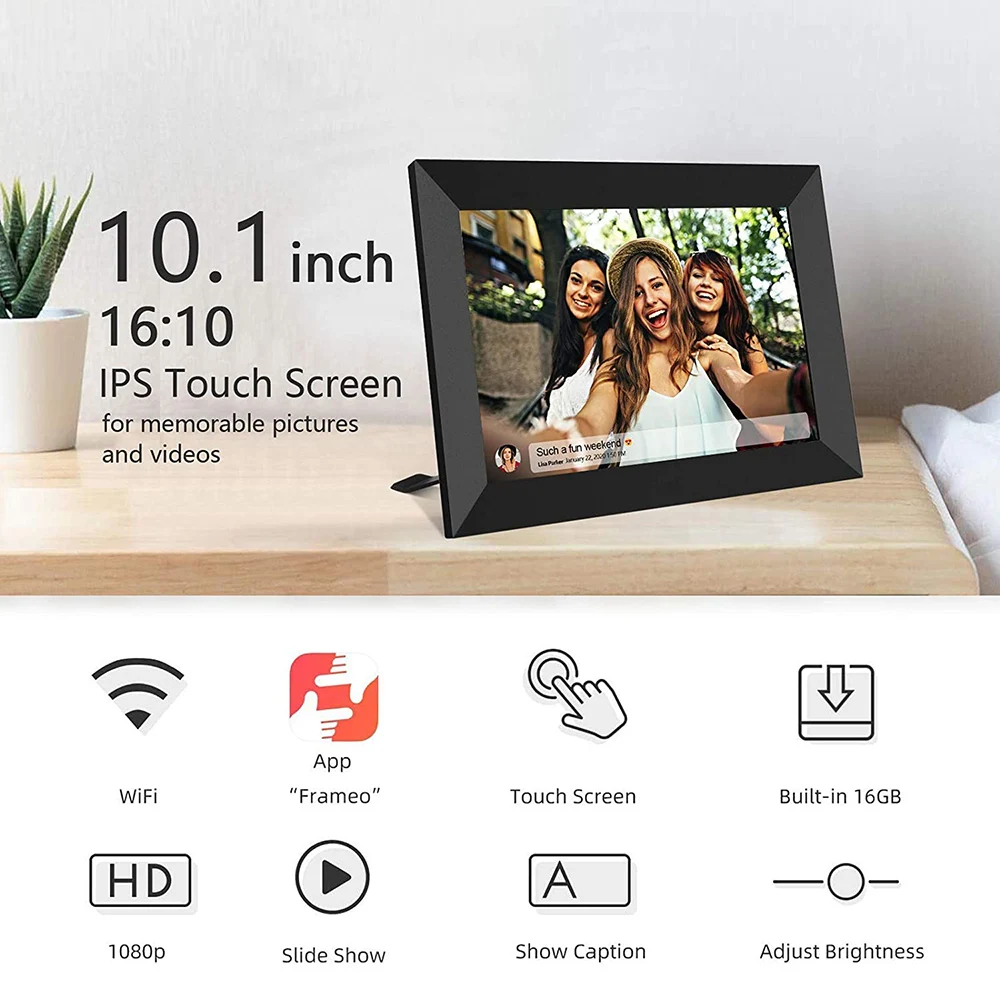 10.1 Inch Smart WiFi Digital Photo Frame 1280x800 IPS LCD Touch Screen Support Auto-Rotate Built in 16GB Memory Free Frameo App