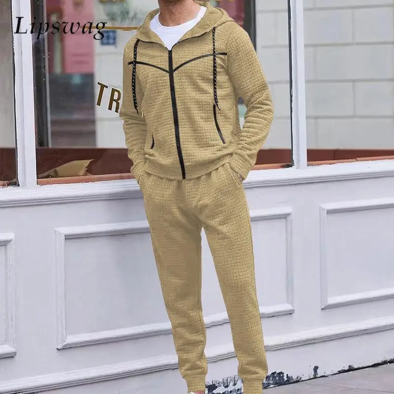 

Casual Waffle Mens Tracksuits Long Sleeve Zip-up Hoodie And Pants Two Piece Set Men Outfits Fashion Patchwork Striped Suit Male