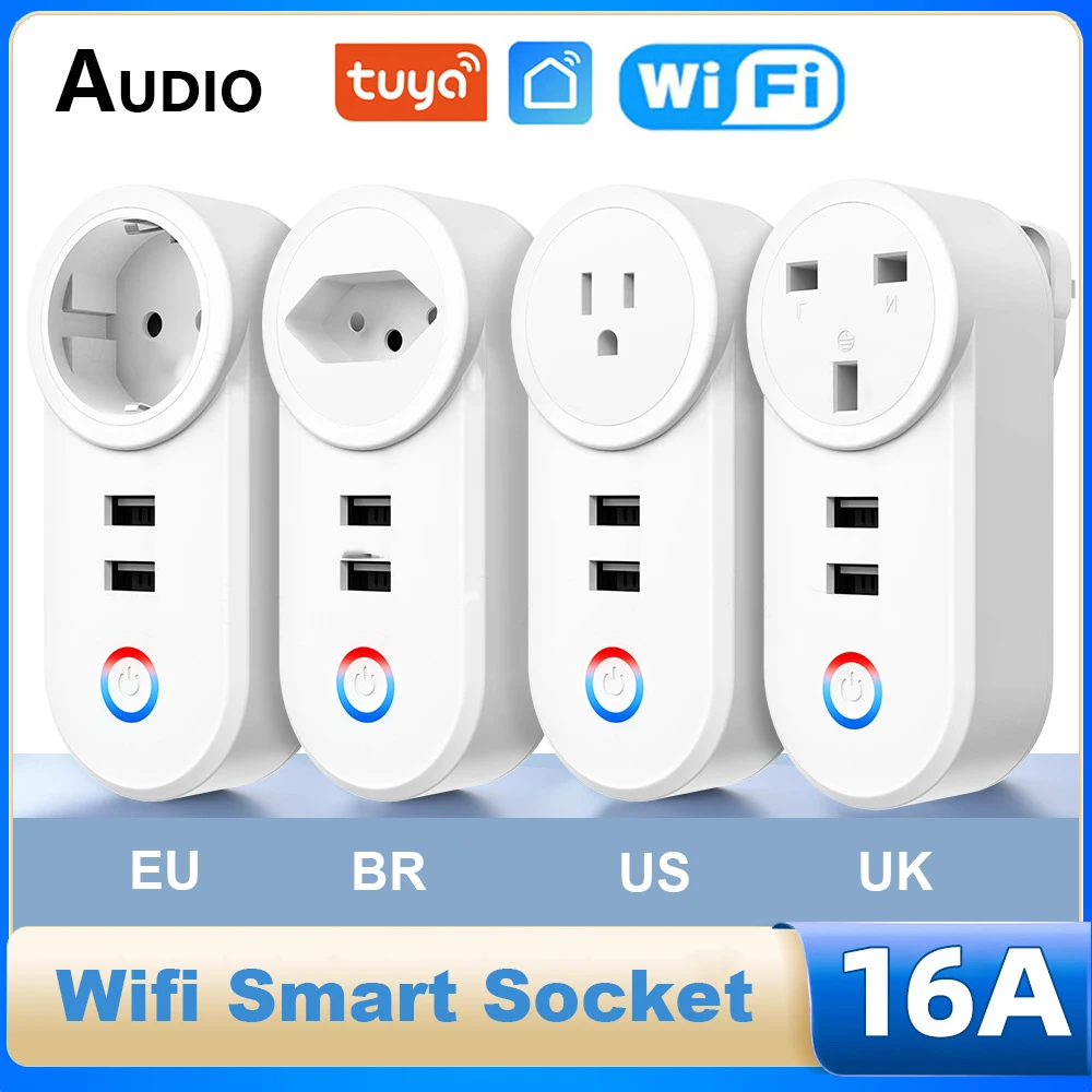 

16A Tuya WiFi Smart Socket With 2 USB Charging Outlet Adapter EU US UK Brazil Israel Plug Voice Control via Alexa Google Home