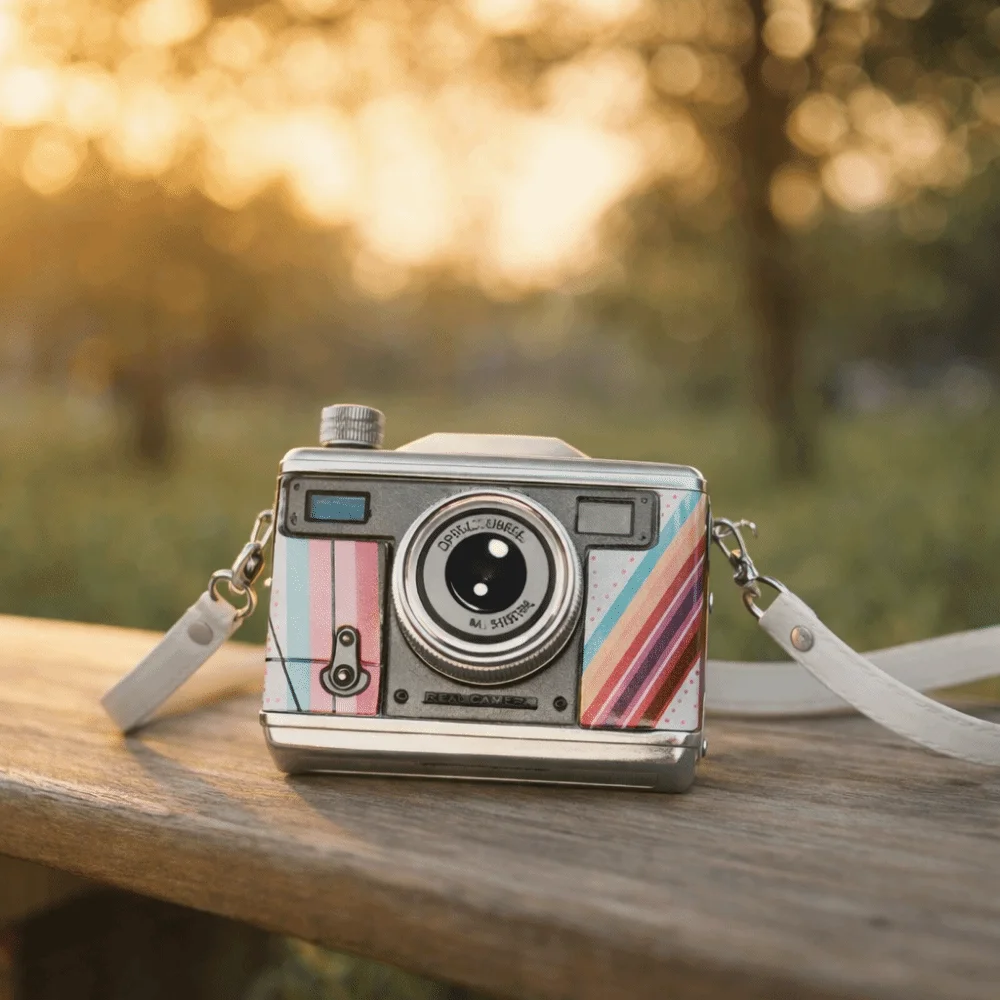 스테인리스 스틸 카메라 모양 힙 플라스크 탈부착 가능한 스트랩 위스키 용기 병 누수 방지 11온스 325ml 위스키 플라스크