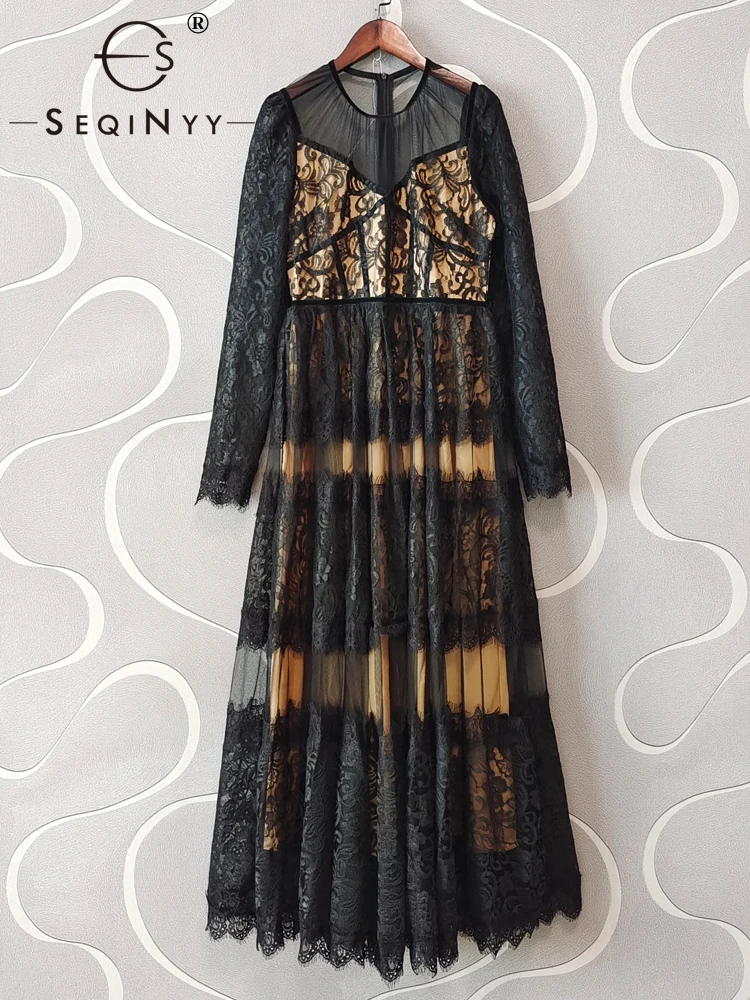 

SEQINYY Elegant Long Dress Summer Spring New Fashion Design Women Runway Vintage Flower Lace Hollow Out Mesh A-Line Party