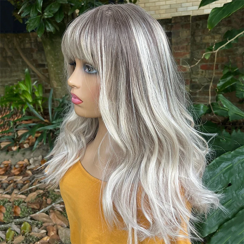 Wavy Wig With Bangs Natural Looking Human Hair Wig For Women Ash Platinum Blonde Highlights Transparent HD Lace Frontal