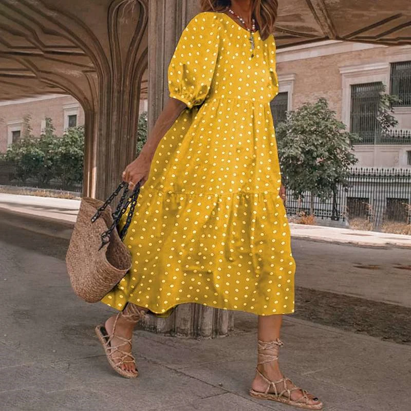 

Women Dress Summer Oversized Bohemian Casual Dress O-Neck Short Sleeve Polka Dot Maxi Dress Femme Robe Loose Party Vestidos