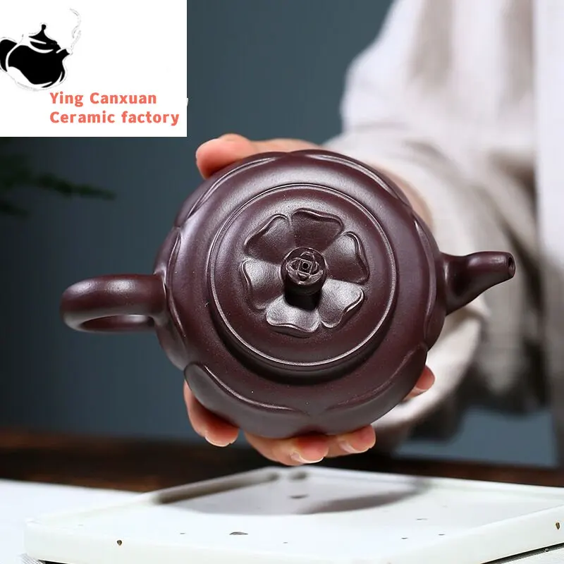 

Yixing teapot ore bottom groove clear lotus teapot purple sand tea set drinking Pu'er full handmade Chinese teapot 200ml
