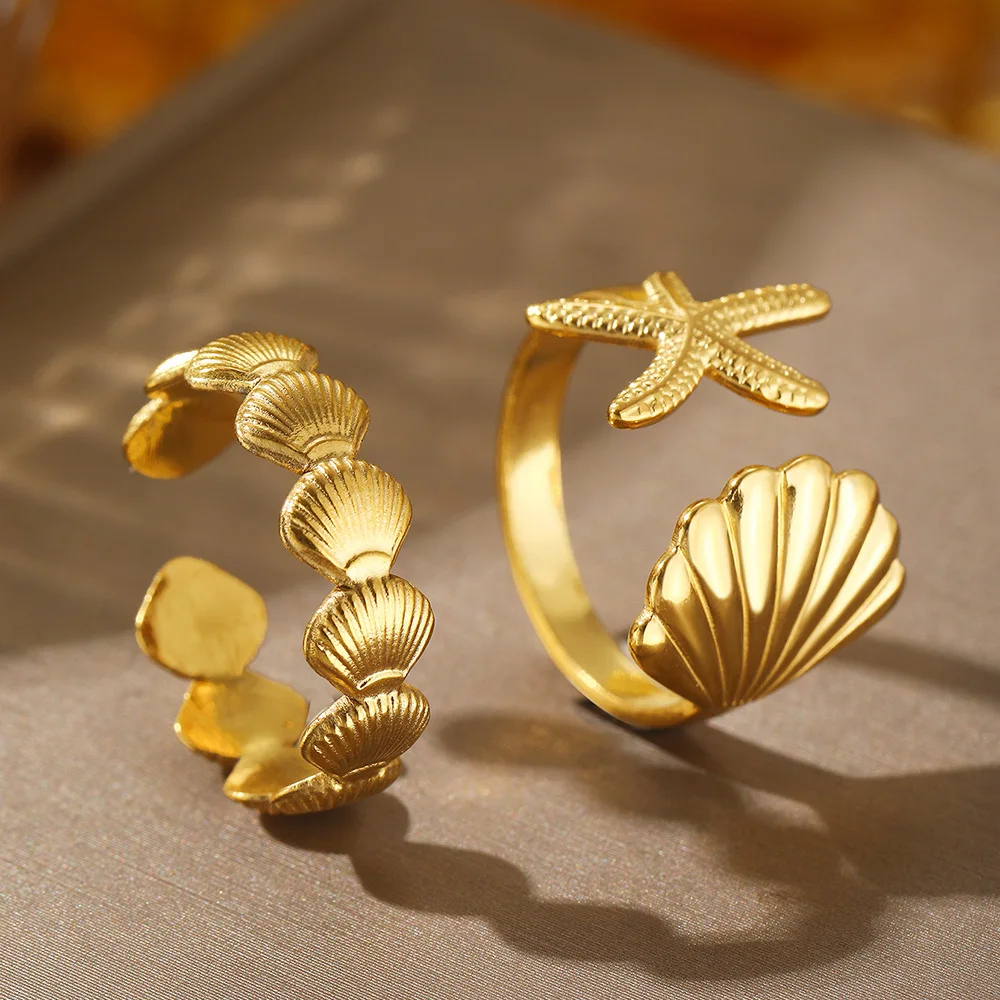 2pcs/Lot Stainless Steel Creative Starfish Shell Rings Waterproof Adjustable Open Ring For Women Seabeach Jewelry Party Gifts 2
