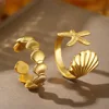 2pcs/Lot Stainless Steel Creative Starfish Shell Rings Waterproof Adjustable Open Ring For Women Seabeach Jewelry Party Gifts 2