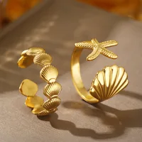 2pcs/Lot Stainless Steel Creative Starfish Shell Rings Waterproof Adjustable Open Ring For Women Seabeach Jewelry Party Gifts 2